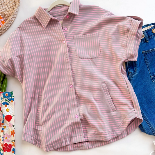Pink Grey Polo Stripe Top | Queen Bee Boutique