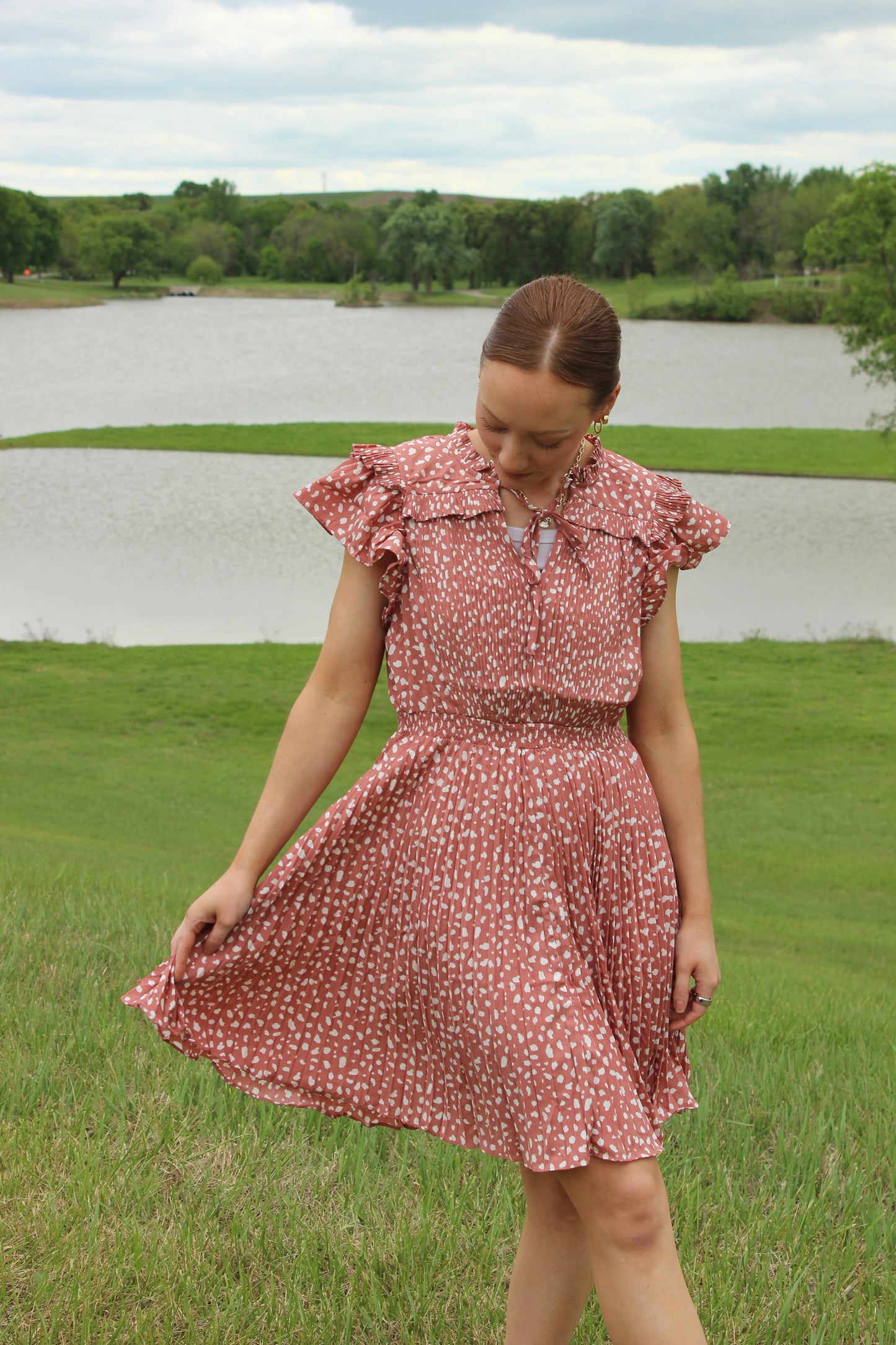 Pleated Rose Cream Dress Flutter Sleeve | Queen Bee Boutique