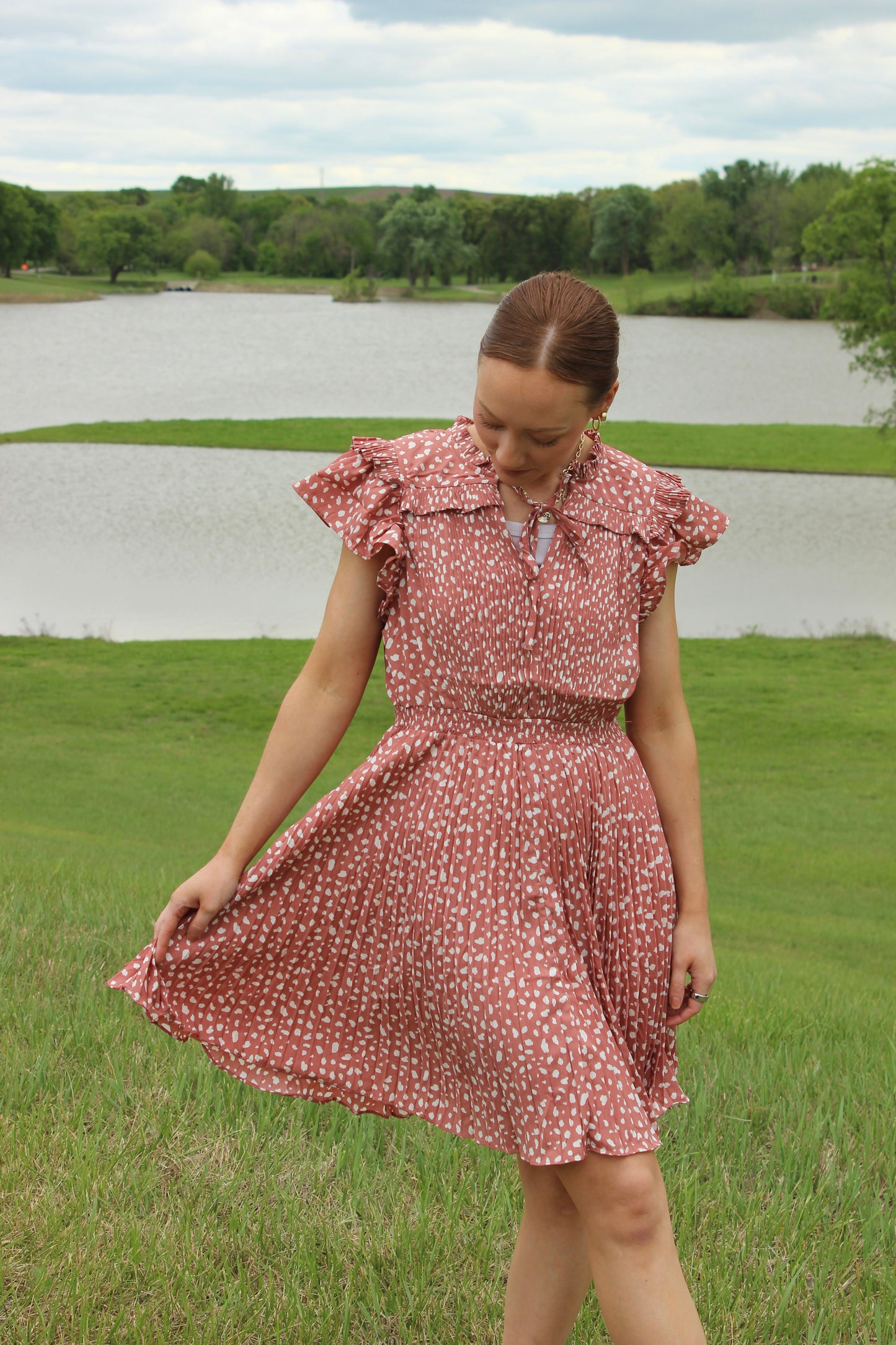 Pleated Rose Cream Dress Flutter Sleeve | Queen Bee Boutique