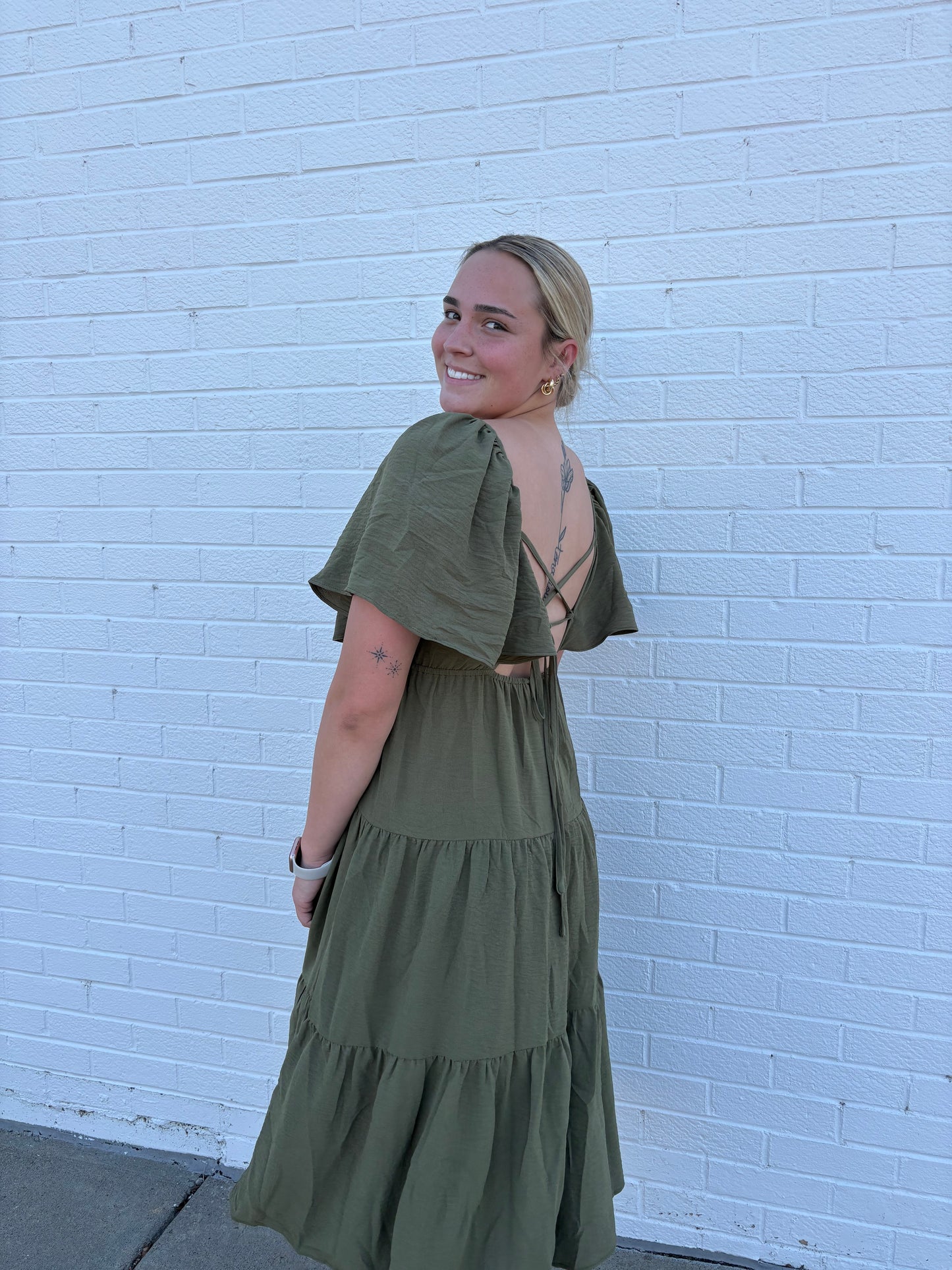 Olive Fall Tiered Midi Dress Flutter Sleeve | Queen Bee Boutique