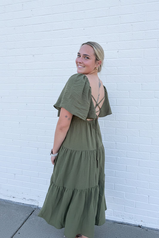 Olive Fall Tiered Midi Dress Flutter Sleeve | Queen Bee Boutique