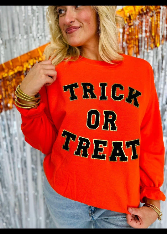 Trick or Treat Chenille Patch Orange Halloween Crewneck
