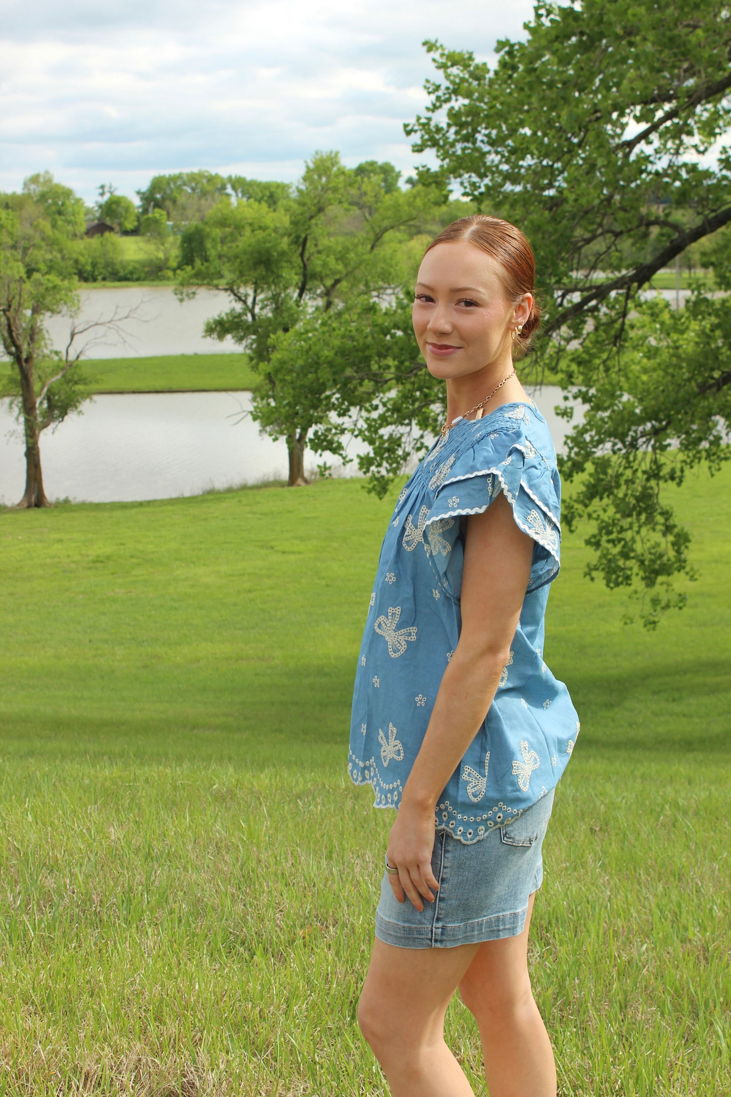 Denim Blue Bow Embroidery Top