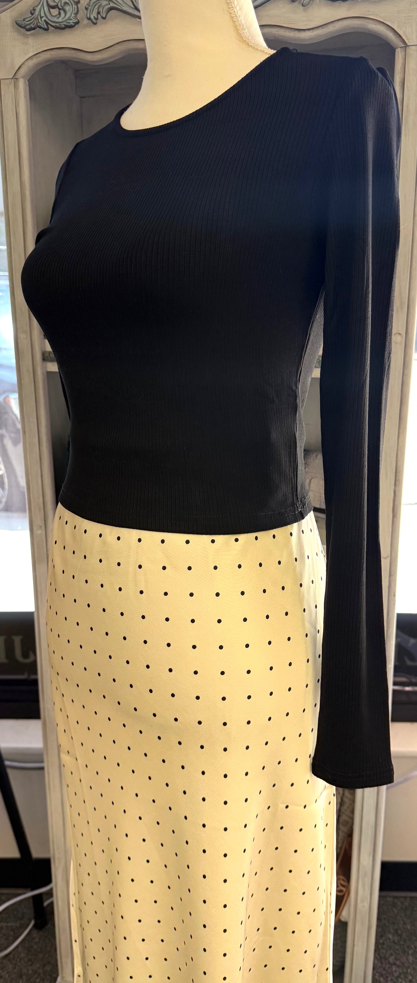 Cream Pencil Polka Dot Skirt Long Length | Queen Bee Boutique