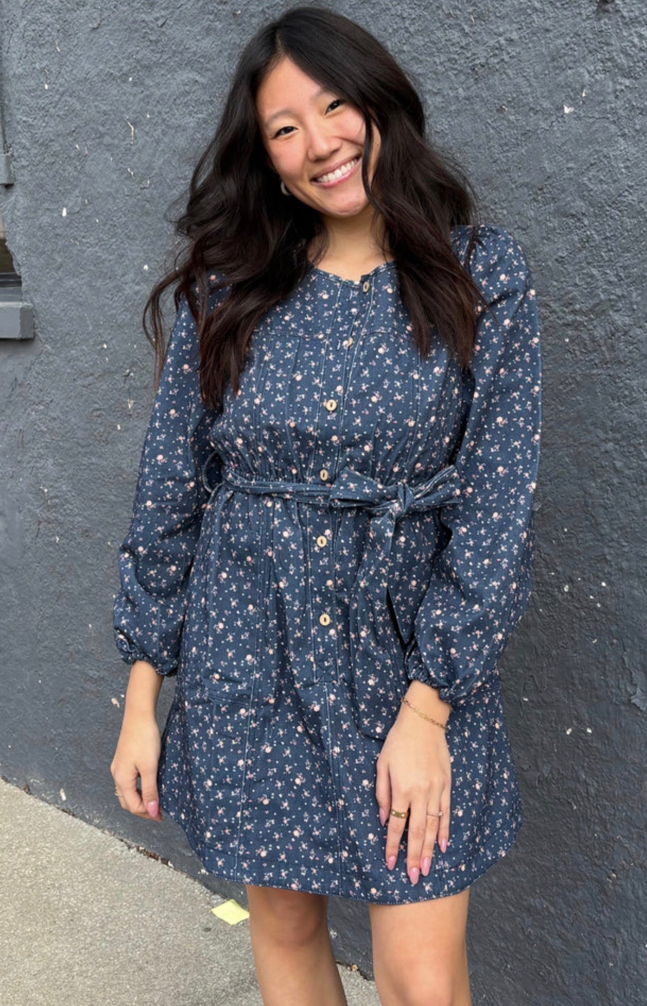 Midnight Floral Denim Mini Dress with Belt & Pockets | Queen Bee Boutique