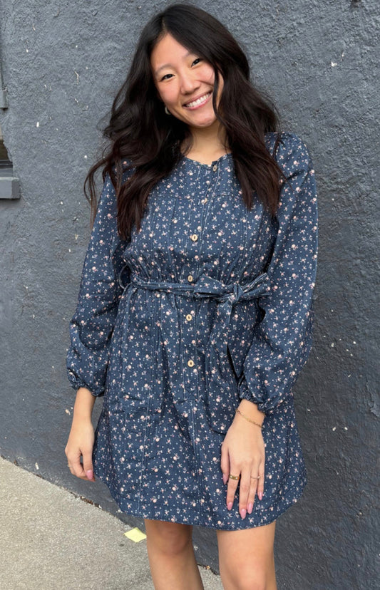 Midnight Floral Denim Mini Dress with Belt & Pockets | Queen Bee Boutique