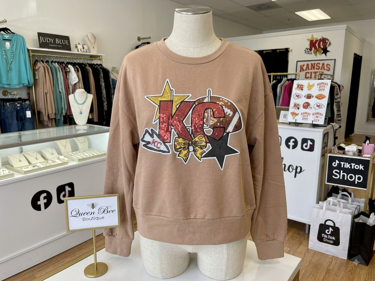 Tan Oversized Crop Long Sleeve Top KC Gameday Sequin Patch | Queen Bee Boutique