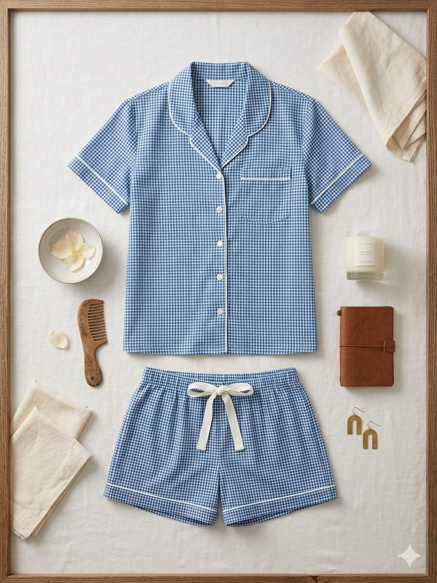 Classic Houndstooth PJ Set – Blue & White Button-Down Top with Tie-Waist Shorts