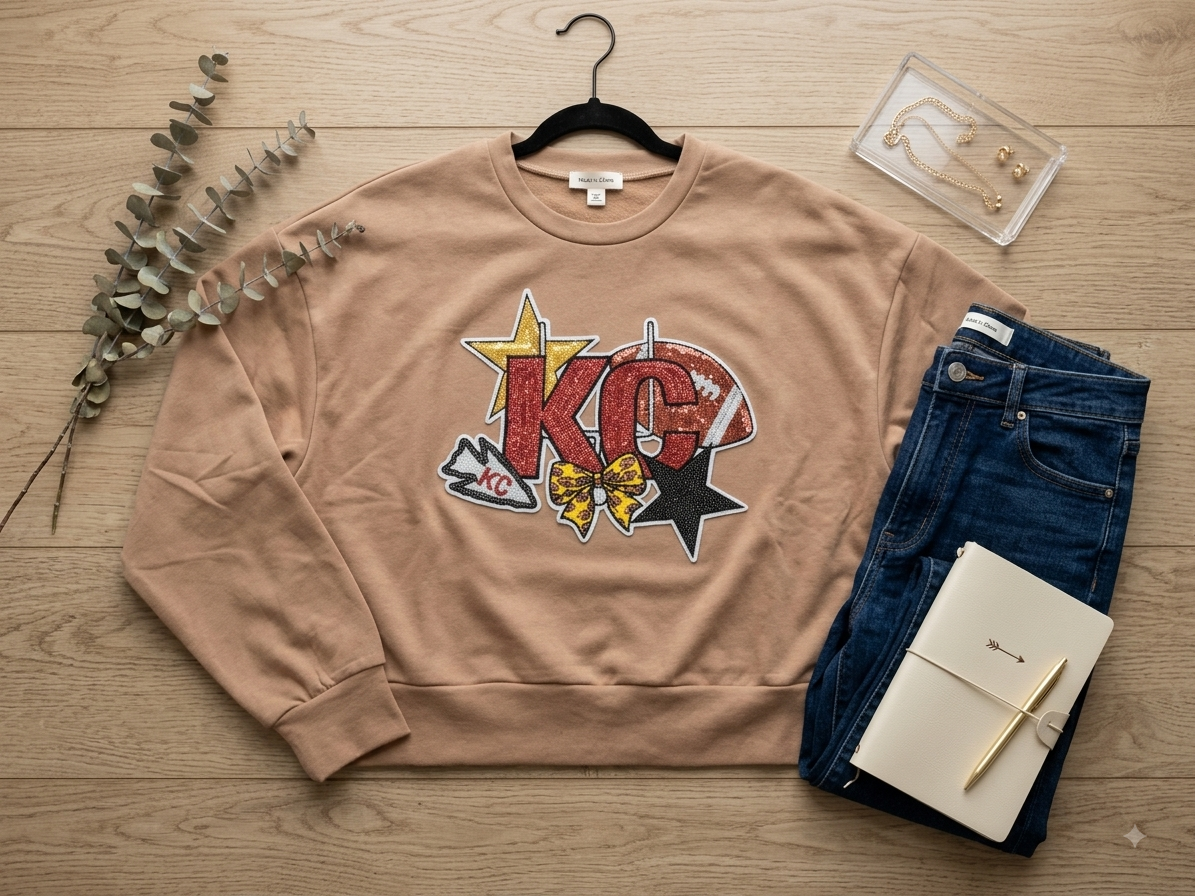 Tan Oversized Crop Long Sleeve Top KC Gameday Sequin Patch | Queen Bee Boutique