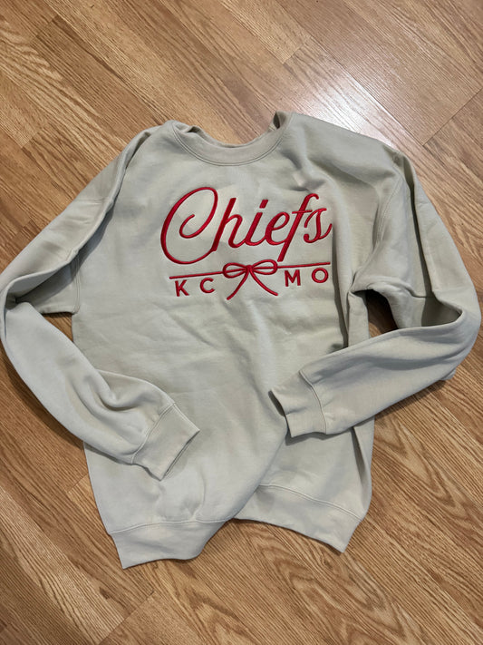 KC Football Red Bow Embroidered Crew