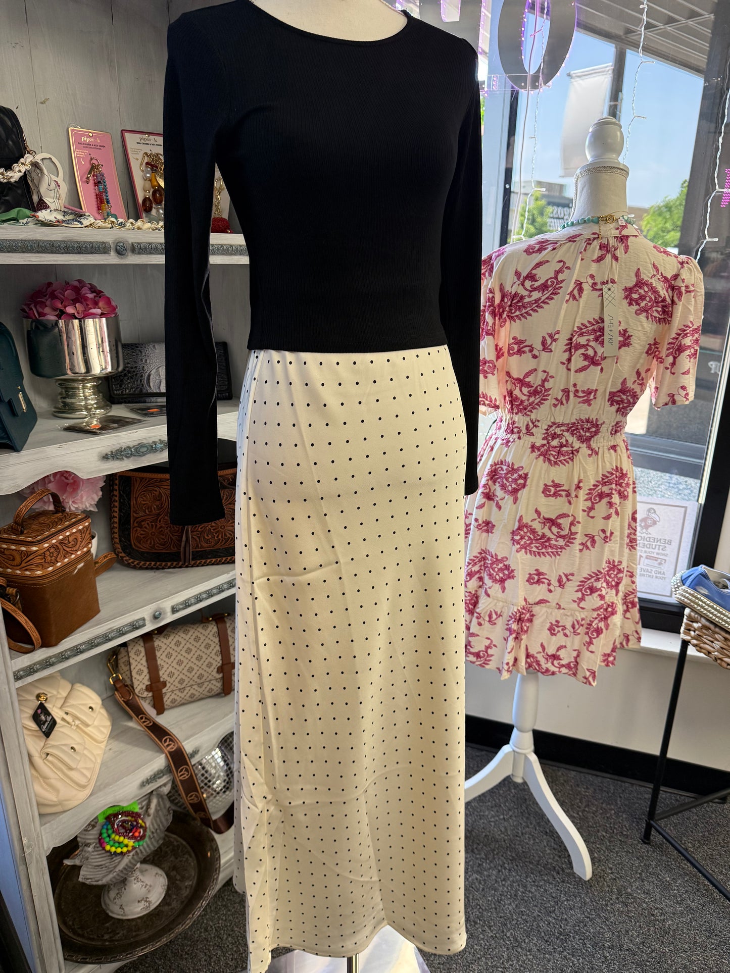 Cream Pencil Polka Dot Skirt Long Length | Queen Bee Boutique