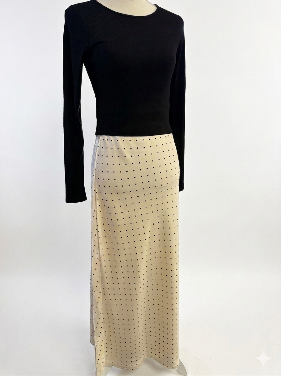 Cream Pencil Polka Dot Skirt Long Length | Queen Bee Boutique