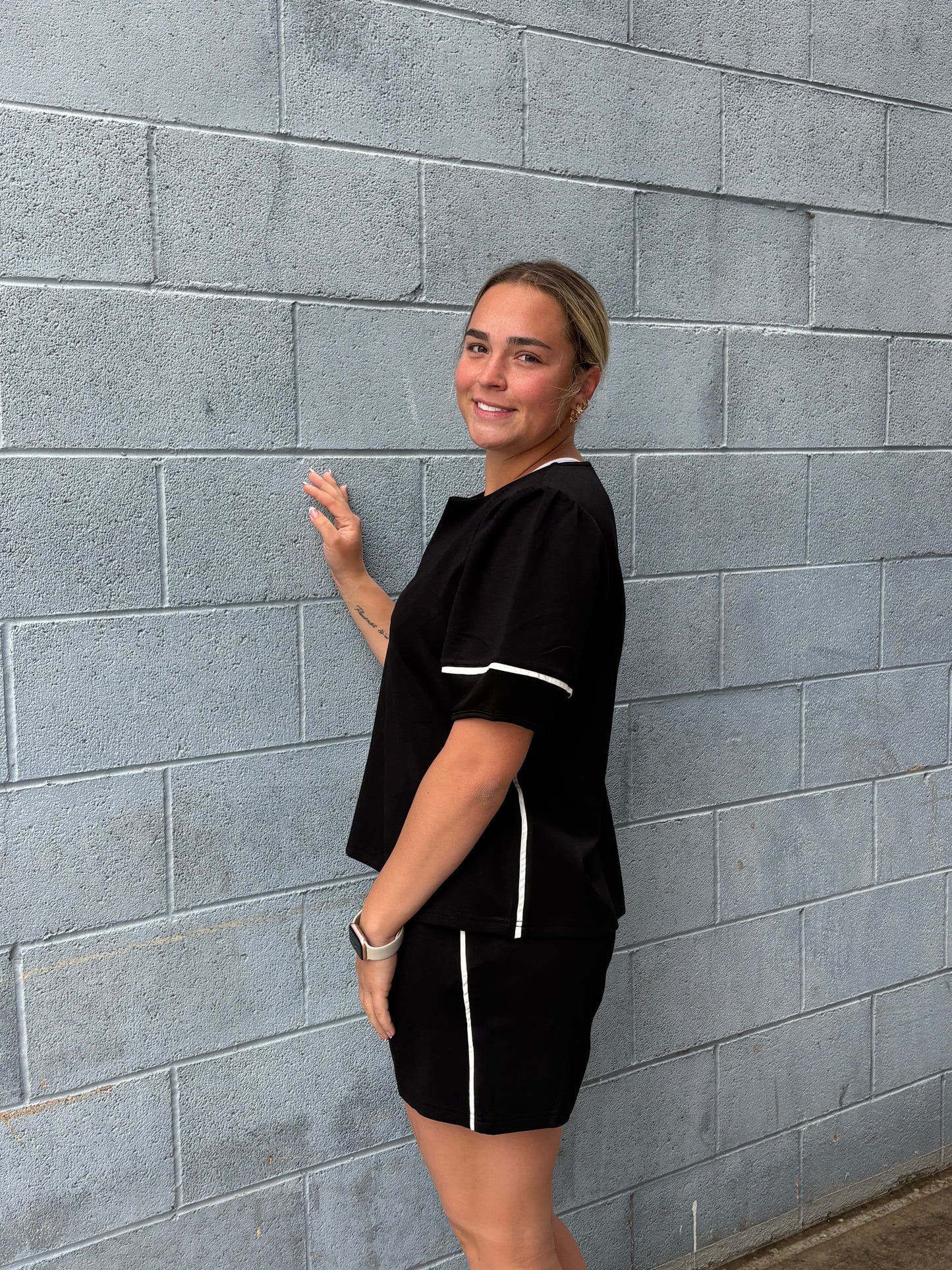 Black Scuba 2-Piece Short Set with White Piping - Athleisure Loungewear