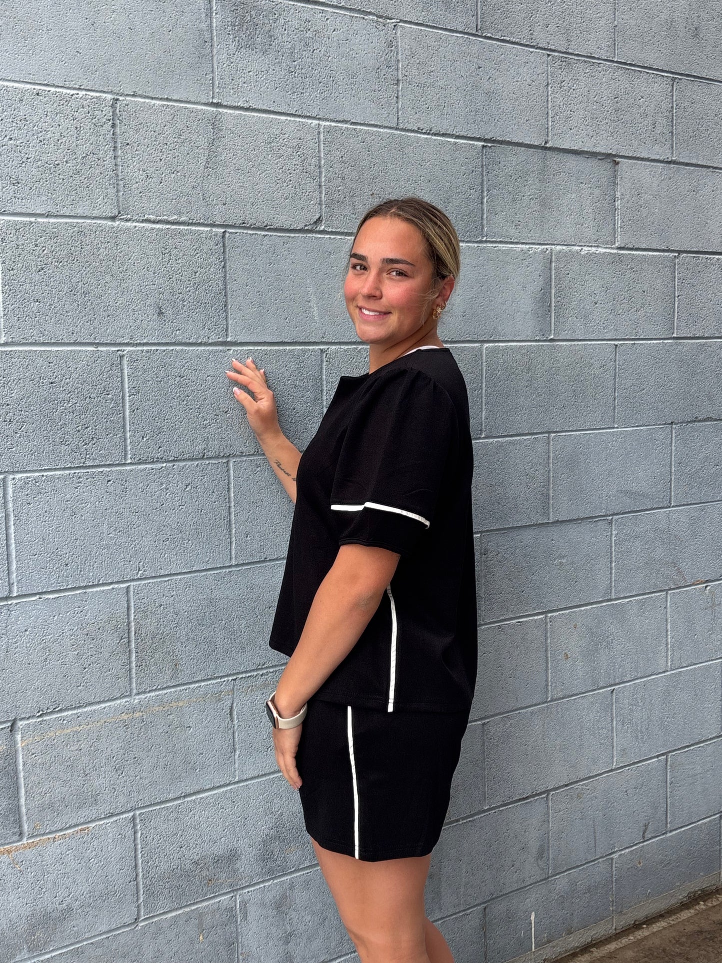Black Scuba 2-Piece Short Set with White Piping - Athleisure Loungewear