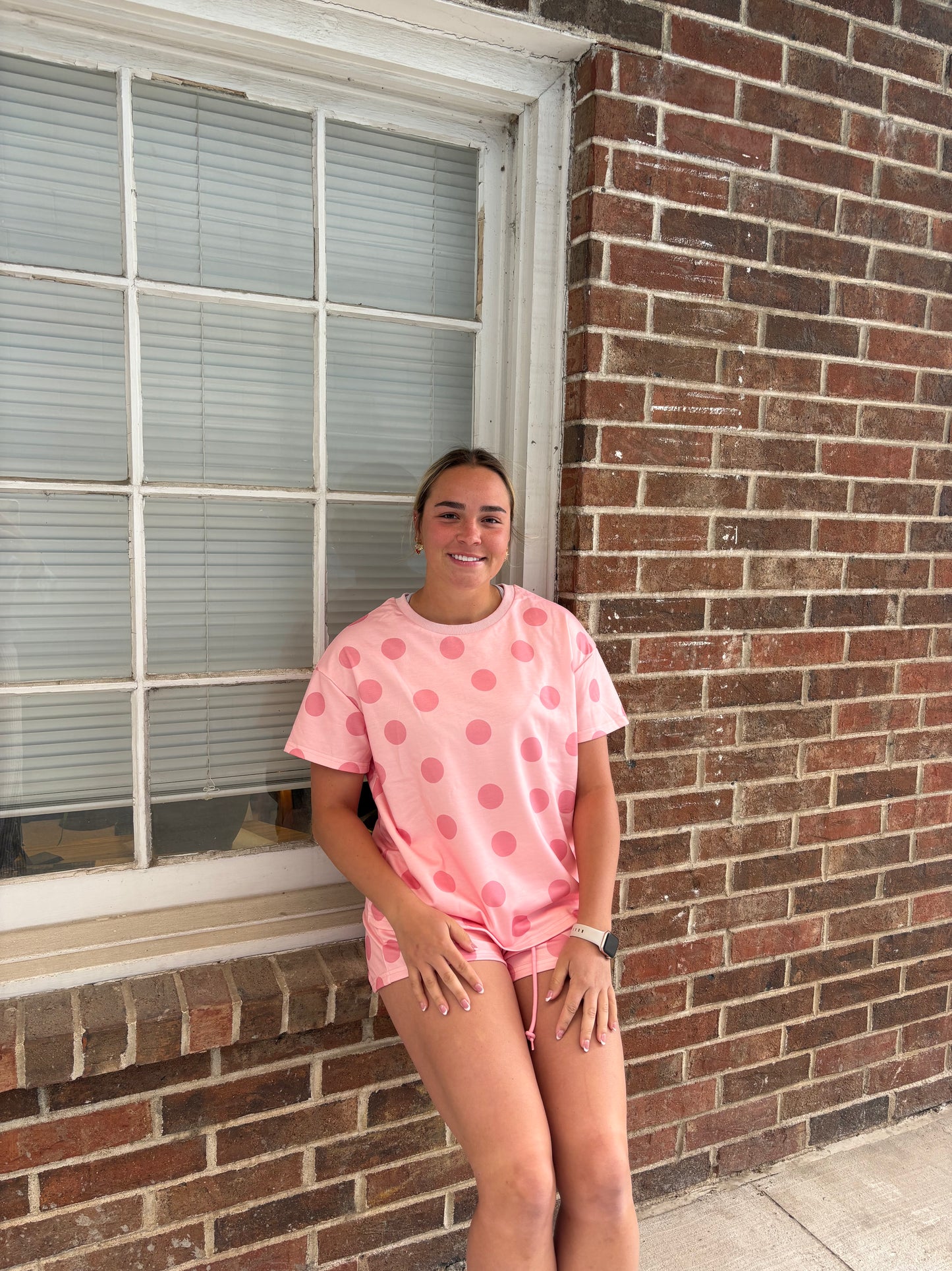 Women's Oversized Short-Sleeve Pink Polka Dot Matching 2-Piece Top and Shorts Set, Elastic Light Casual Clothing with Pockets | Queen Bee Boutique