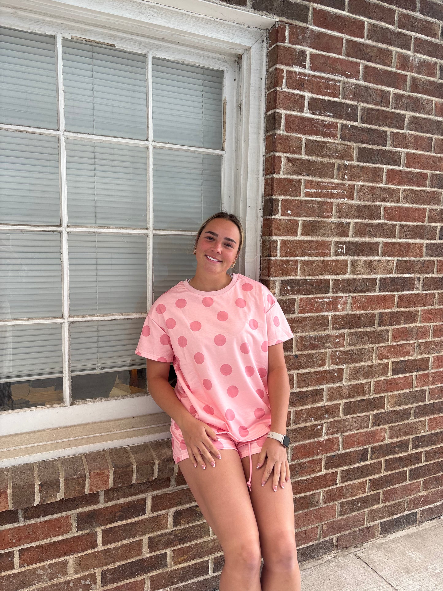 Women's Oversized Short-Sleeve Pink Polka Dot Matching 2-Piece Top and Shorts Set, Elastic Light Casual Clothing with Pockets | Queen Bee Boutique
