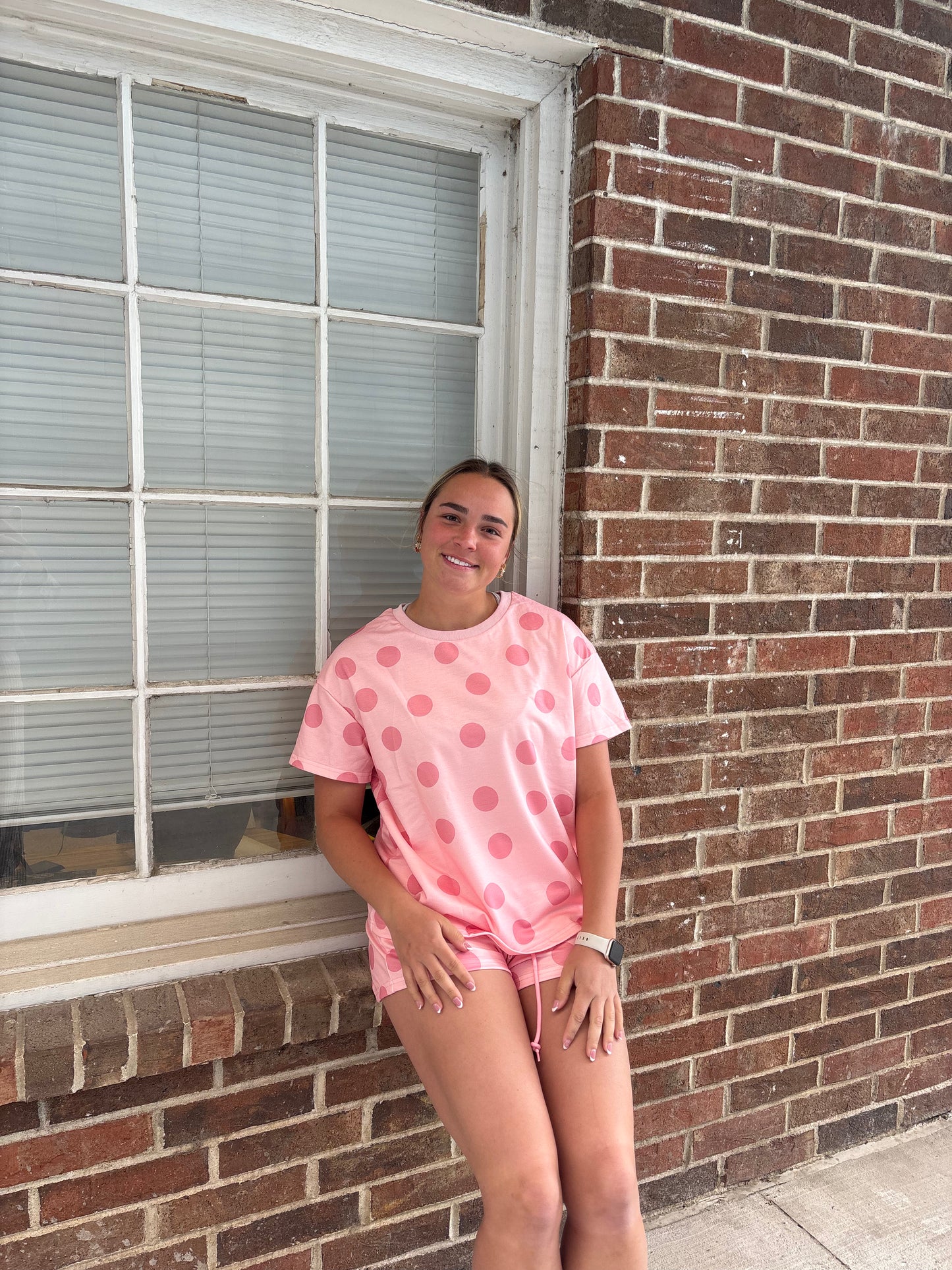 Women's Oversized Short-Sleeve Pink Polka Dot Matching 2-Piece Top and Shorts Set, Elastic Light Casual Clothing with Pockets | Queen Bee Boutique