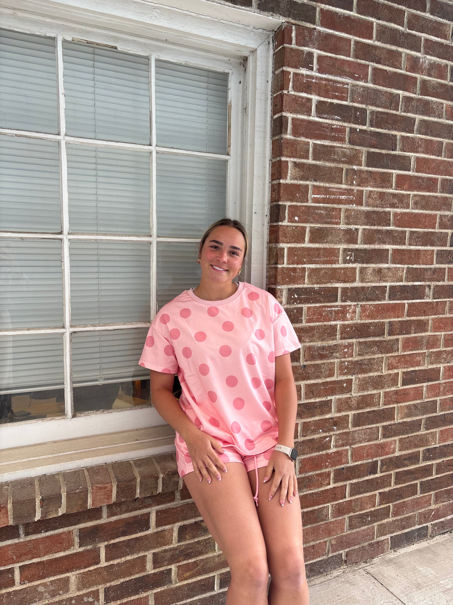 Women's Oversized Short-Sleeve Pink Polka Dot Matching 2-Piece Top and Shorts Set, Elastic Light Casual Clothing with Pockets | Queen Bee Boutique