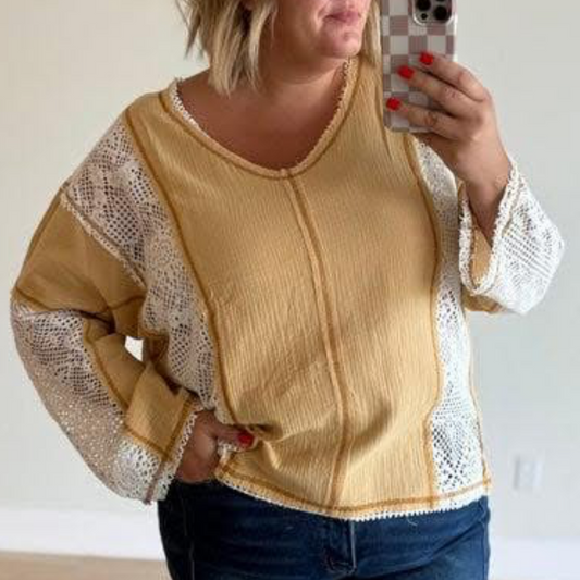 Fall Butter Yellow Crochet Top -Plus