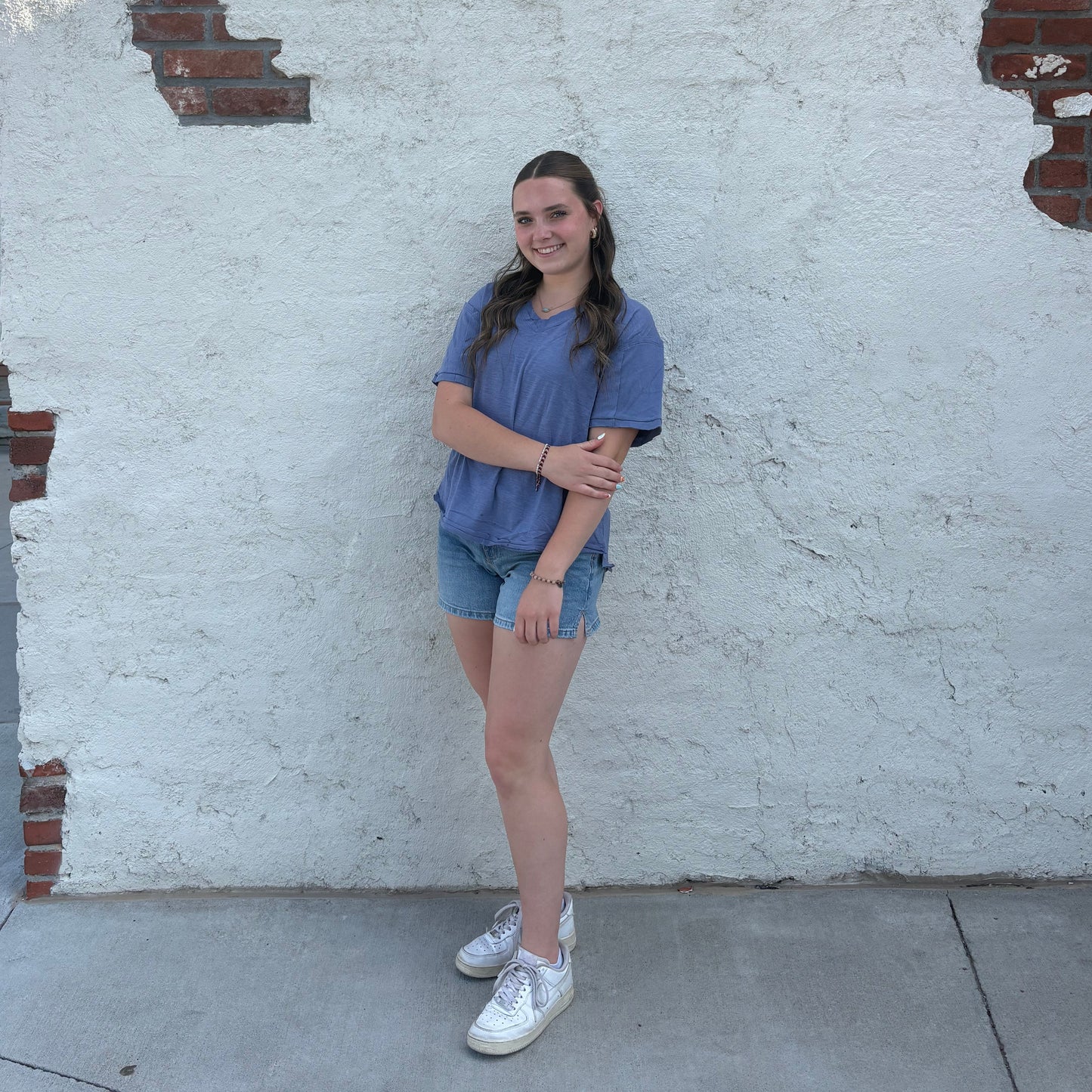 Blue Raw Hem V Neck Everyday Tee | Queen Bee Boutique