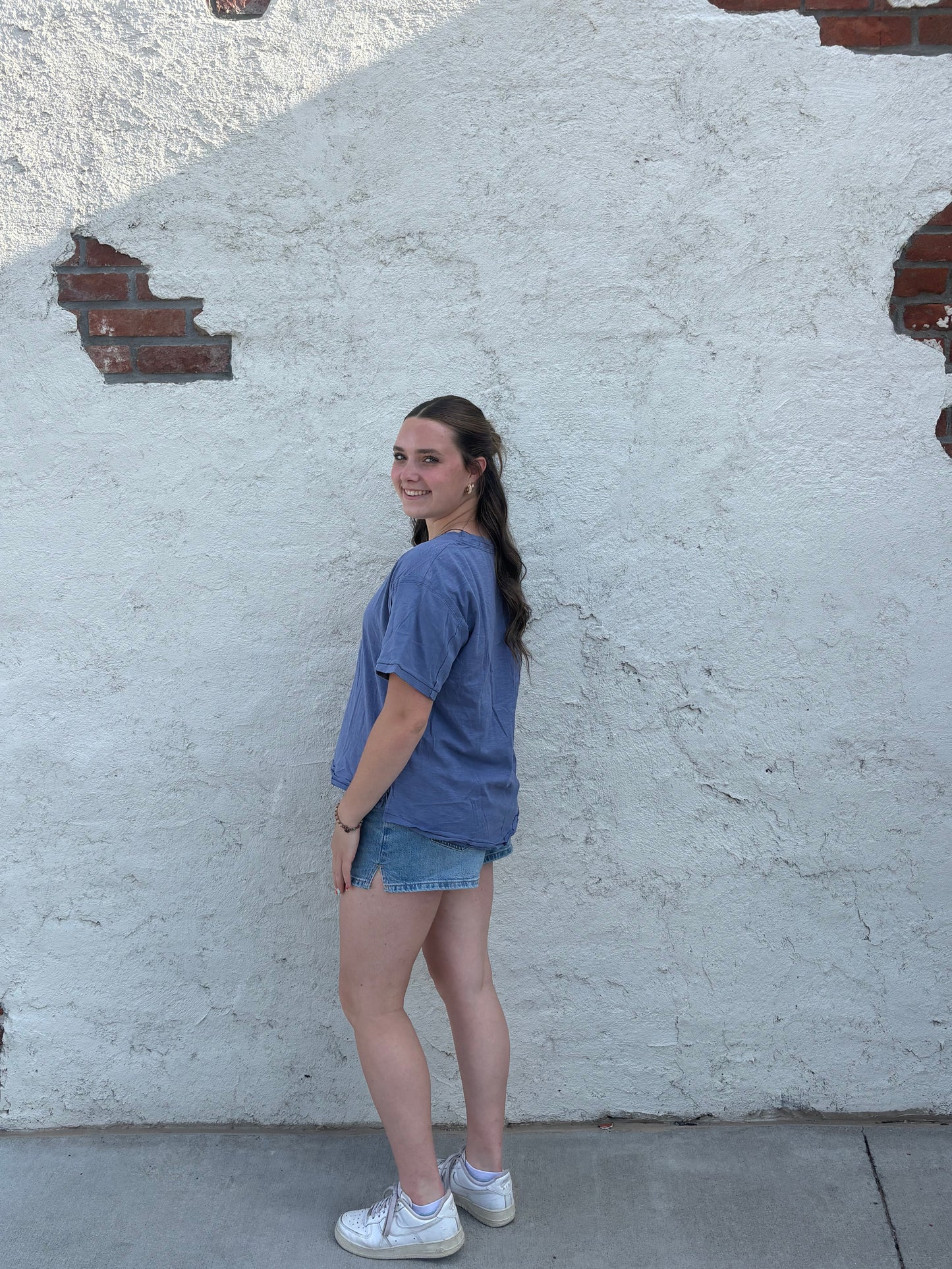 Blue Raw Hem V Neck Everyday Tee | Queen Bee Boutique