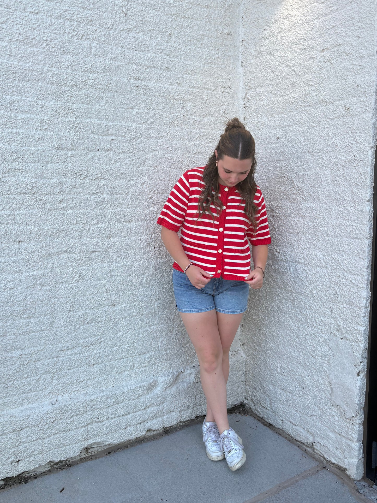 Red Stripe Button Down Knit Sweater Top | Queen Bee Boutique