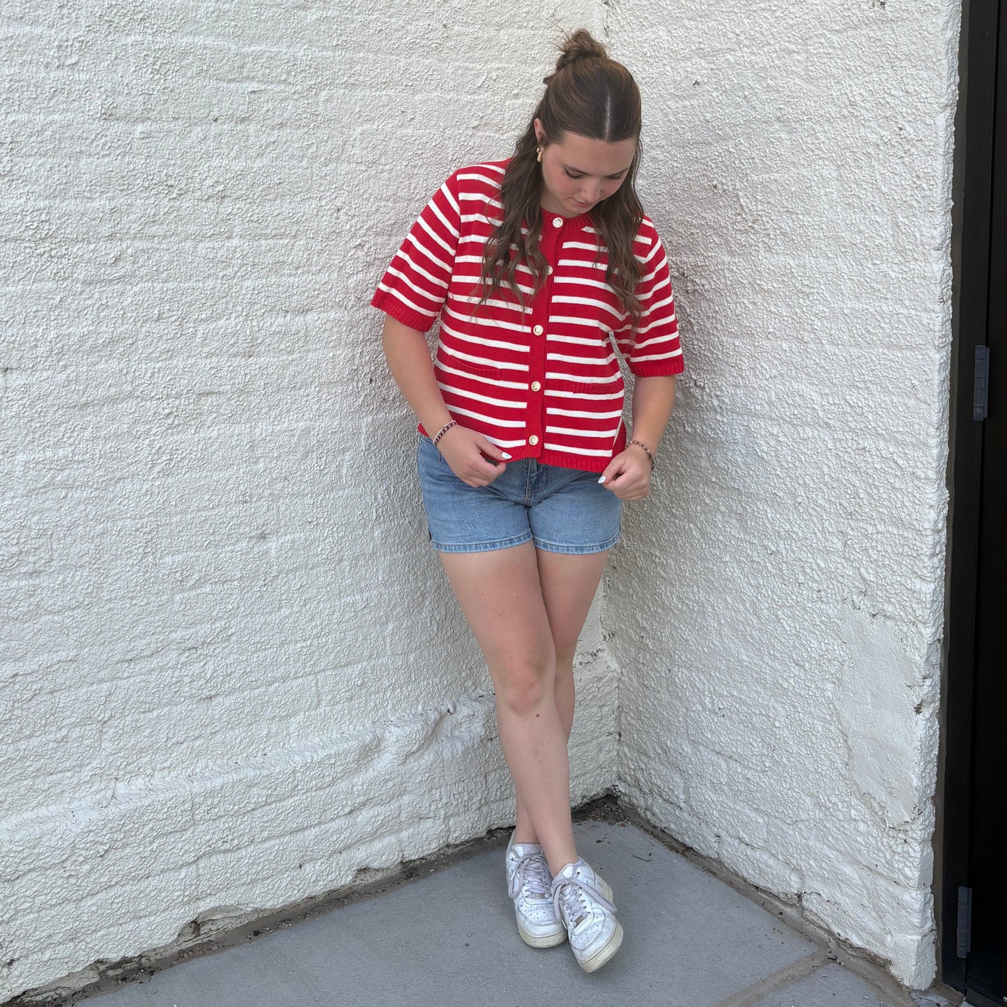 Red Stripe Button Down Knit Sweater Top | Queen Bee Boutique