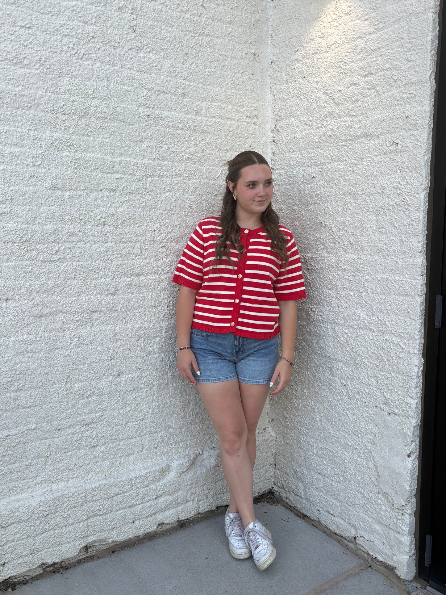 Red Stripe Button Down Knit Sweater Top | Queen Bee Boutique