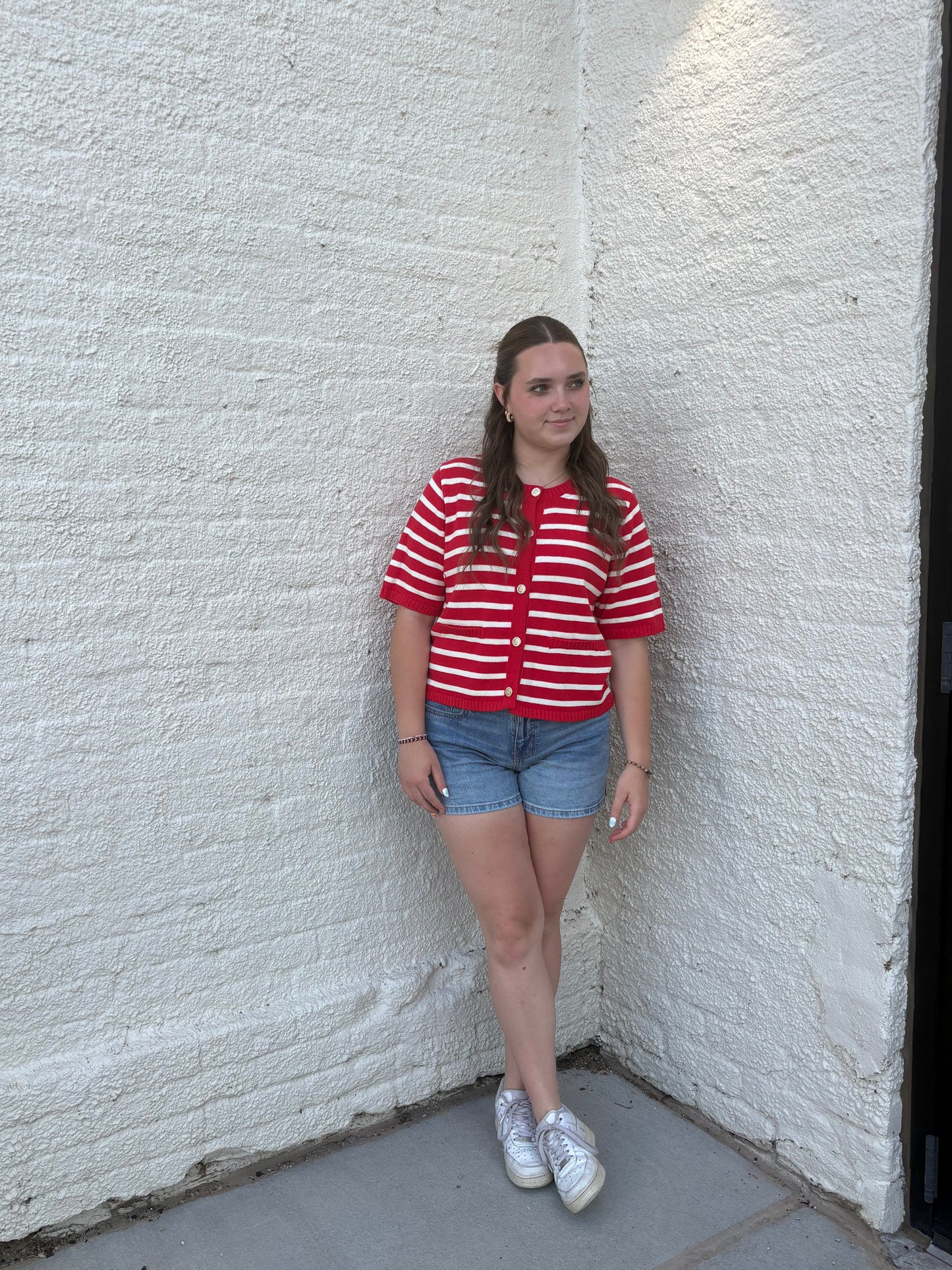 Red Stripe Button Down Knit Sweater Top | Queen Bee Boutique