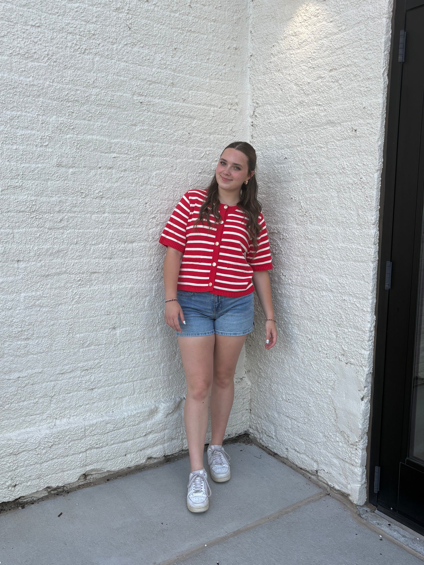 Red Stripe Button Down Knit Sweater Top | Queen Bee Boutique
