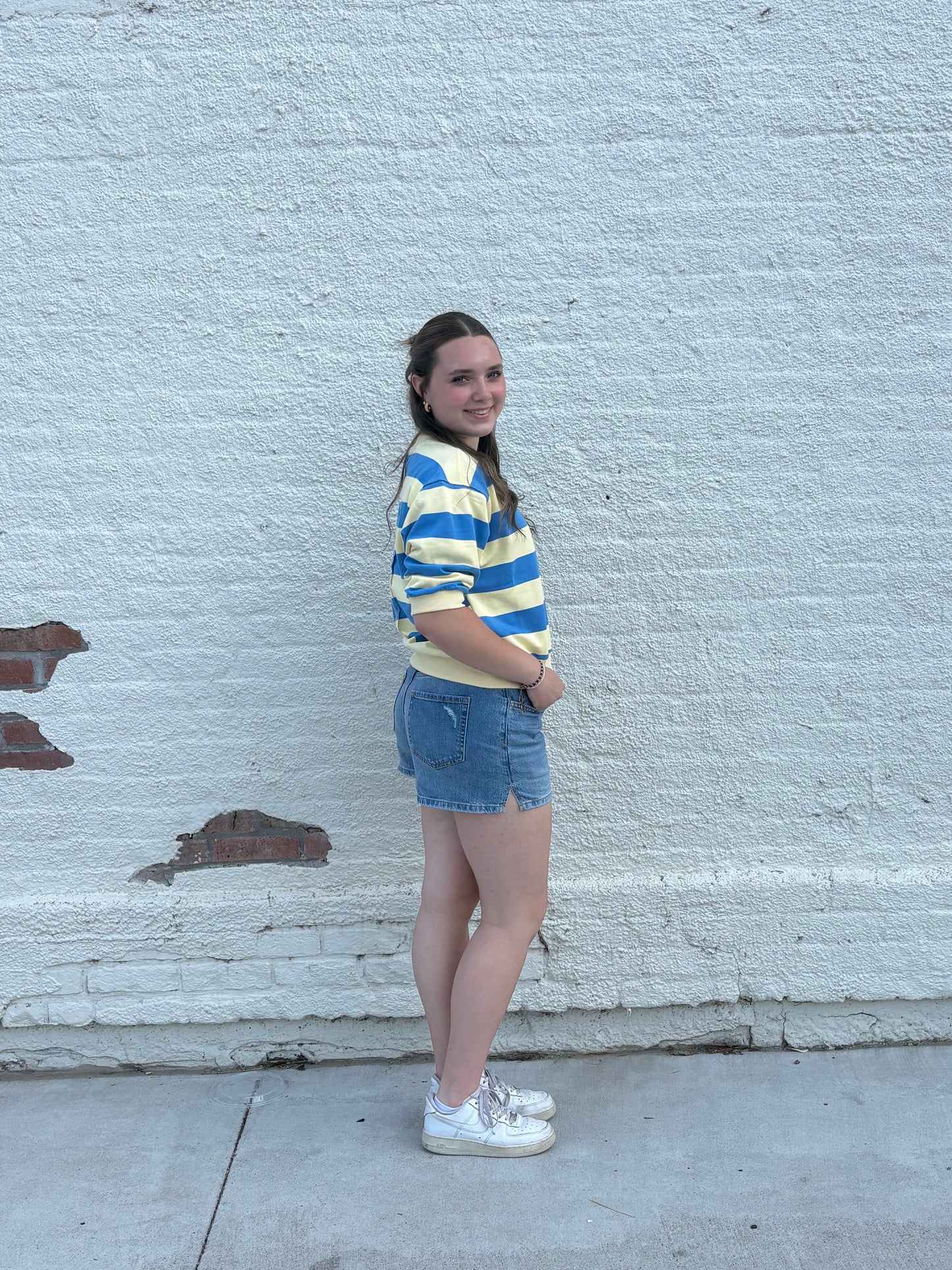 Blue Yellow Stripe Knit Short Sleeve Top | Queen Bee Boutique