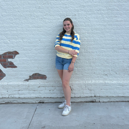 Blue Yellow Stripe Knit Short Sleeve Top | Queen Bee Boutique