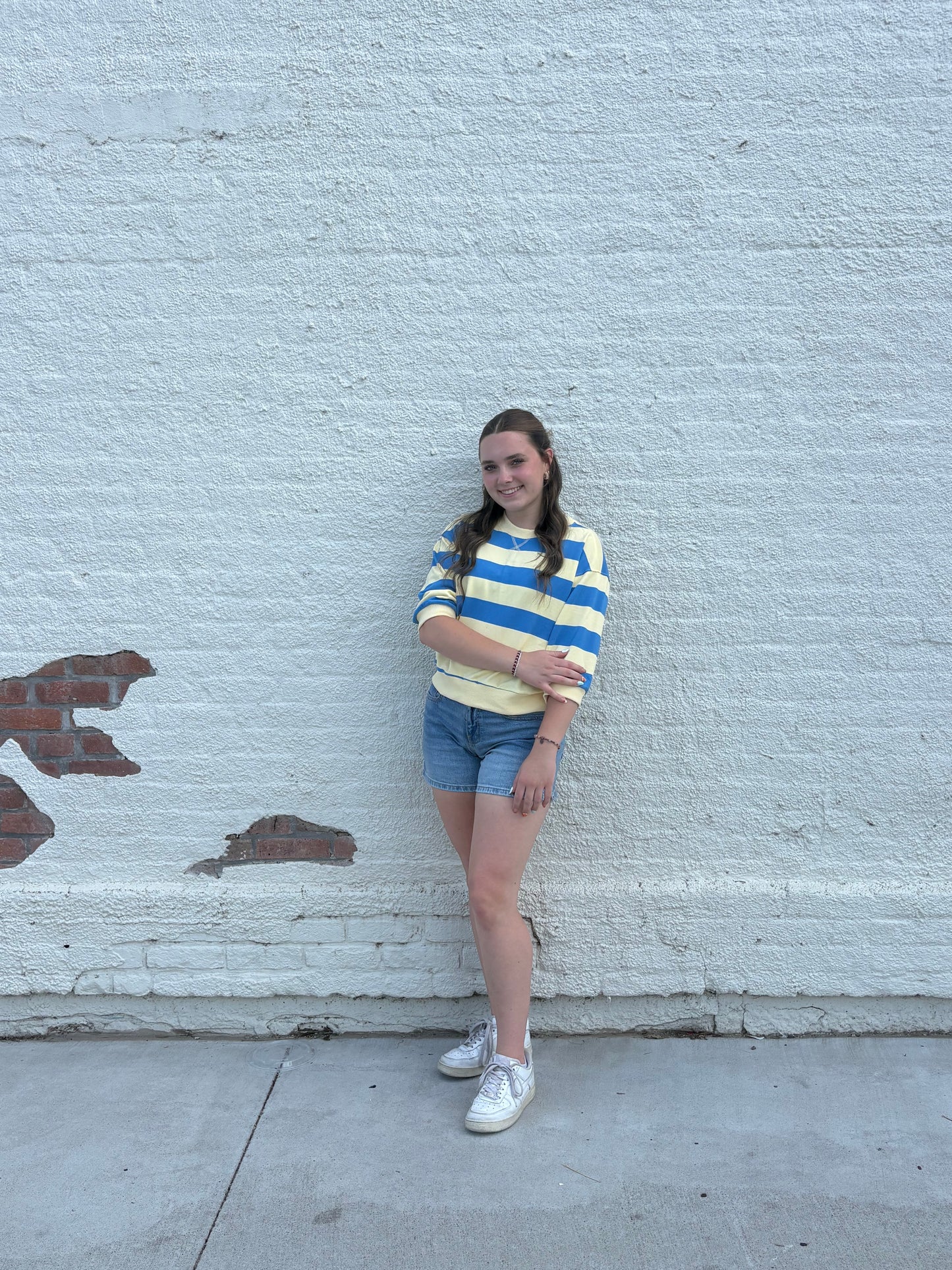 Blue Yellow Stripe Knit Short Sleeve Top | Queen Bee Boutique