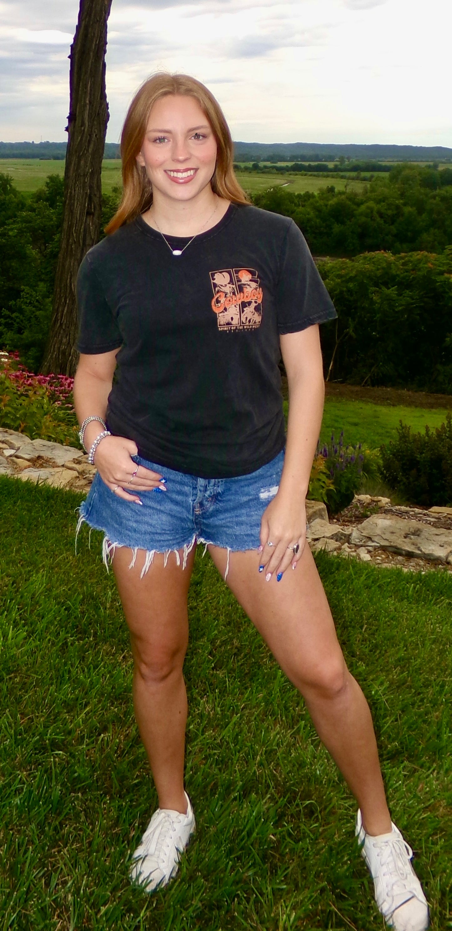 Cowboy Tee Mineral Washed Black Orange | Queen Bee Boutique
