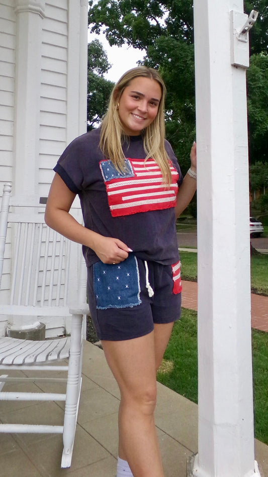 American Flag Patch Denim Shorts | Patriotic Distressed Summer Shorts | Queen Bee Boutique