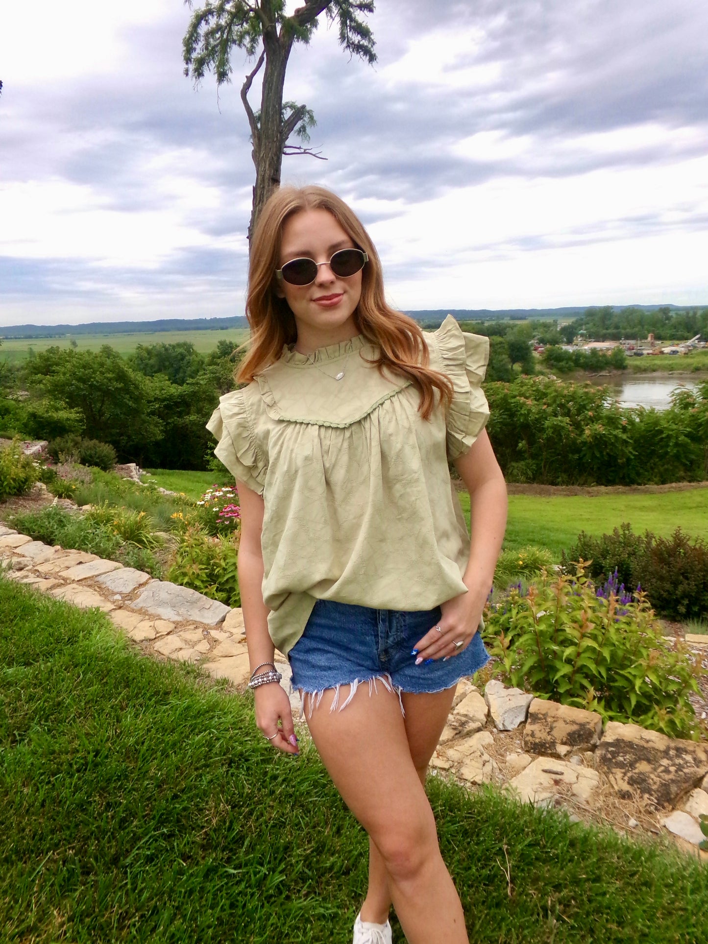 Women's Sage Olive Geometric Textured Blouse | Queen Bee Boutique