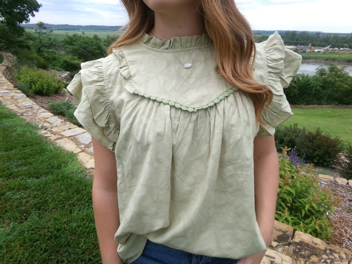 Women's Sage Olive Geometric Textured Blouse | Queen Bee Boutique