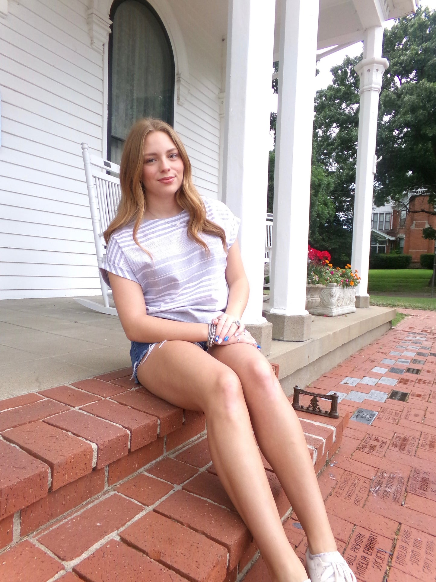 Grey White Striped Linen Top - Queen Bee Boutique