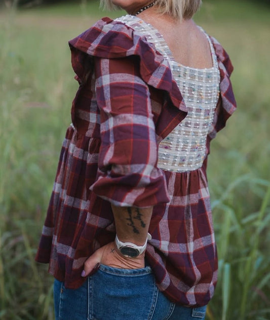 Flannel Baby Doll Top with Embroidery Accent