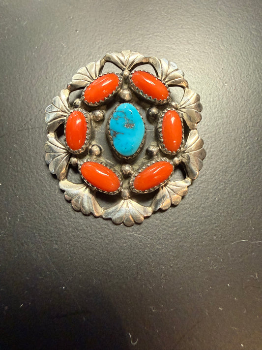 Vintage Zuni Pin Pendant Coral Turquoise