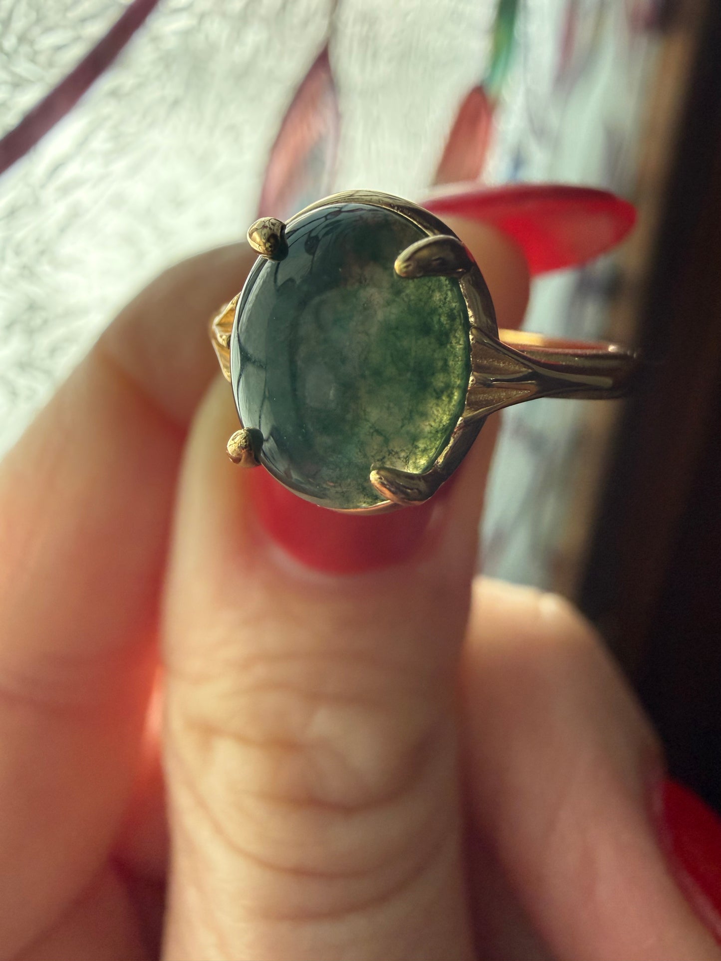 Gold Oval Moss Agate Statement Ring