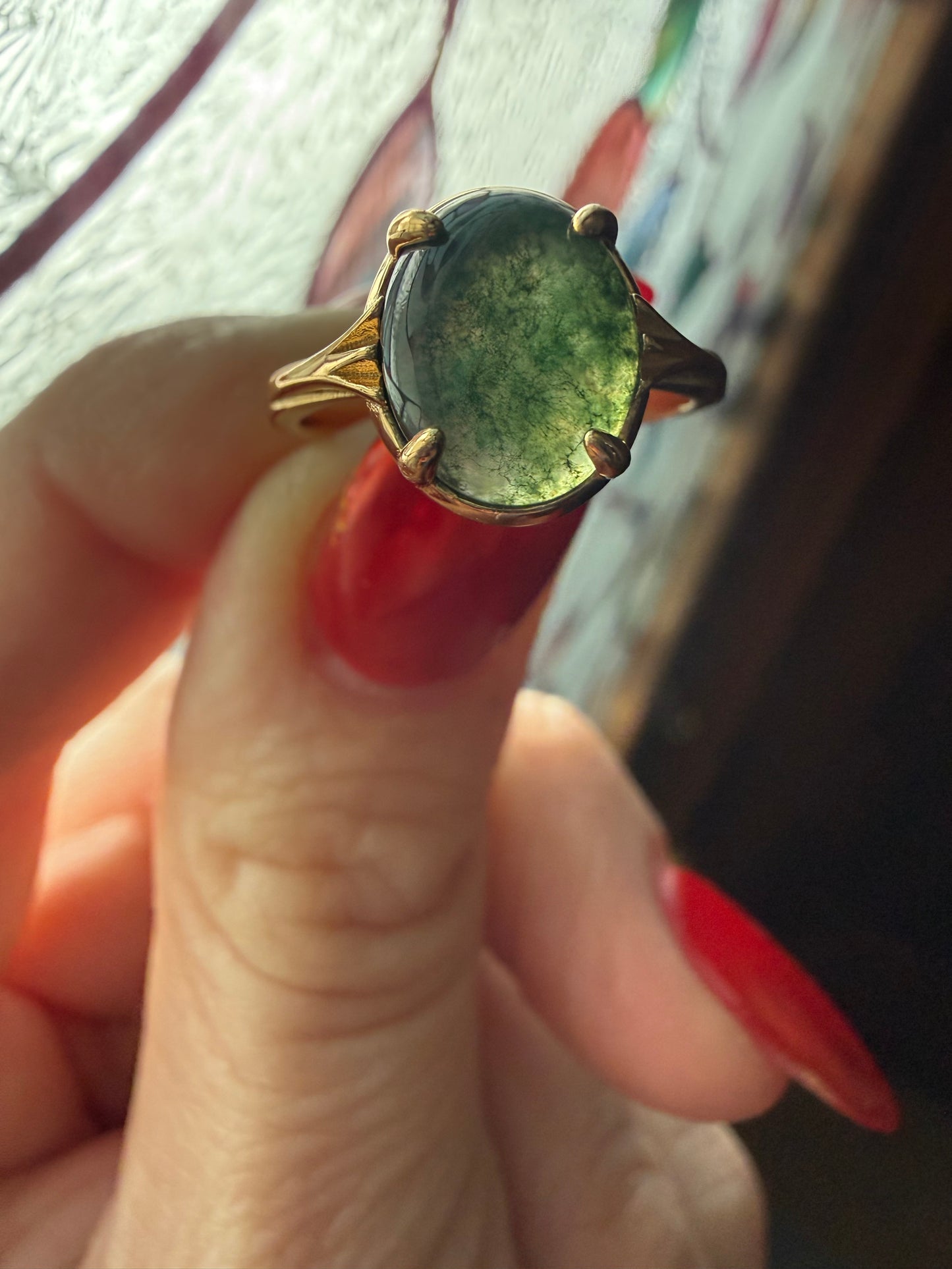 Gold Oval Moss Agate Statement Ring