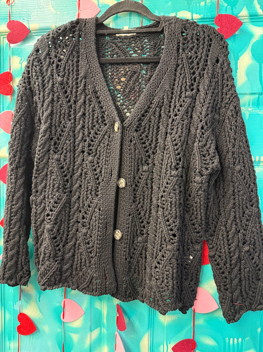 Crochet Knit Black Cardigan Sweater Top