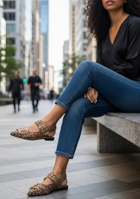 Roxy Leopard Print Slingback Loafers – Pointed Toe Flats with Gold Buckle