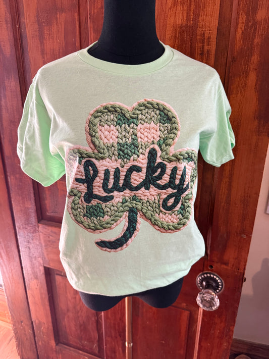 Lucky Faux Yarn Embroidered Tee - Soft Lime Graphic T-Shirt Green Lettering - St. Patrick's Day & Luck Aesthetic