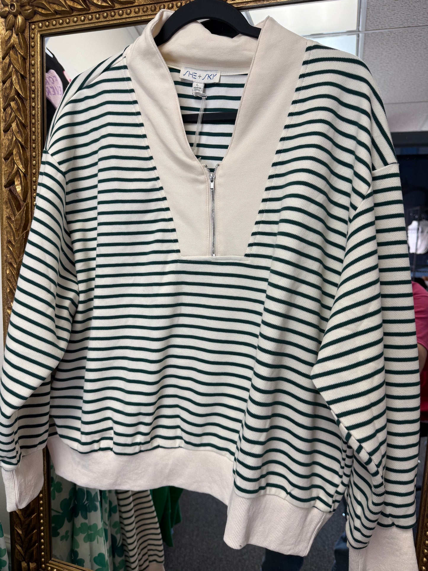 Ivory Green Spring V Stripe Top Half Zipper Pullover | Queen Bee Boutique