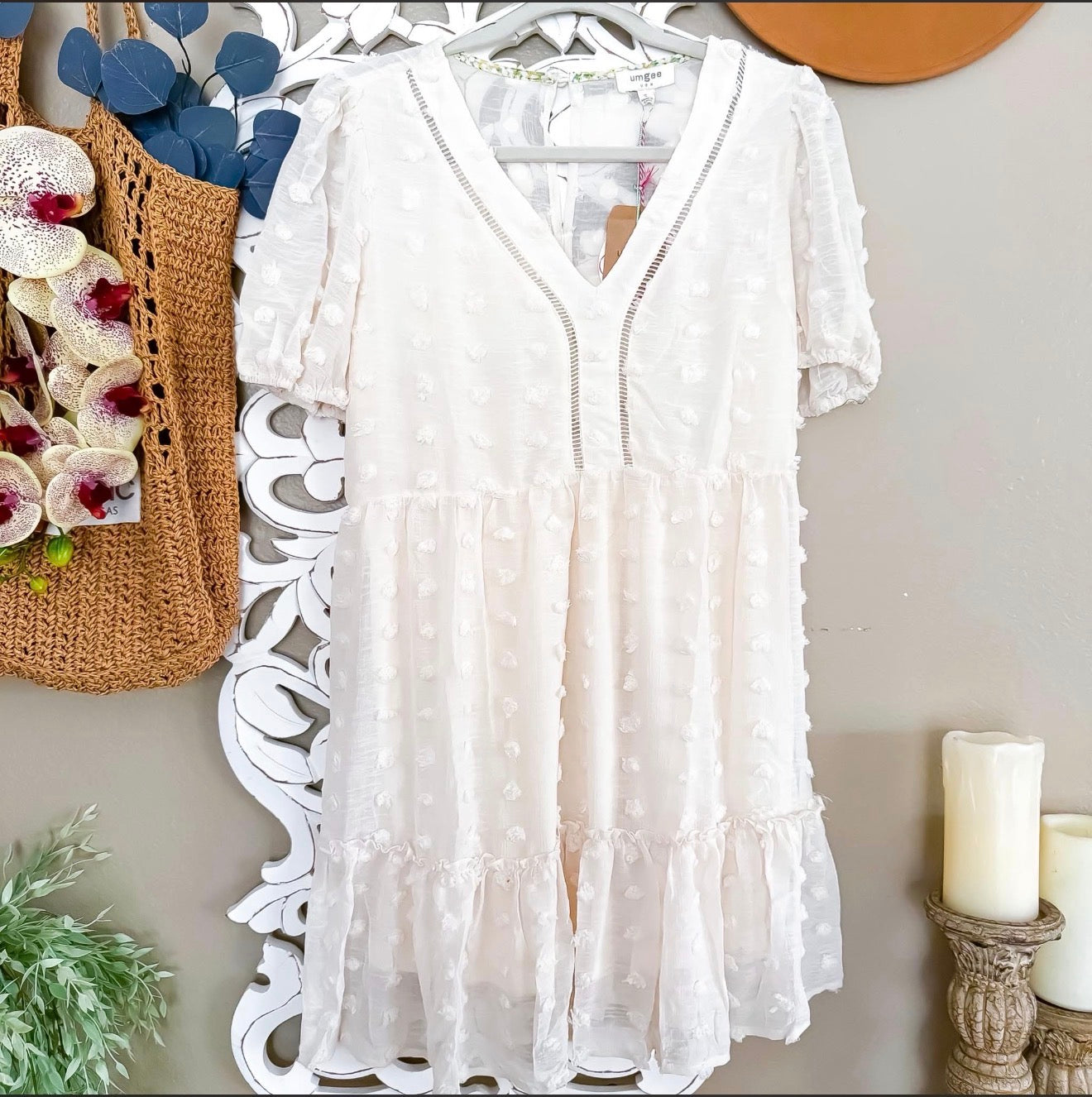 wiss Dot Cream Midi Dress – Boho Ruffle Spring Sun Dress (Cream)