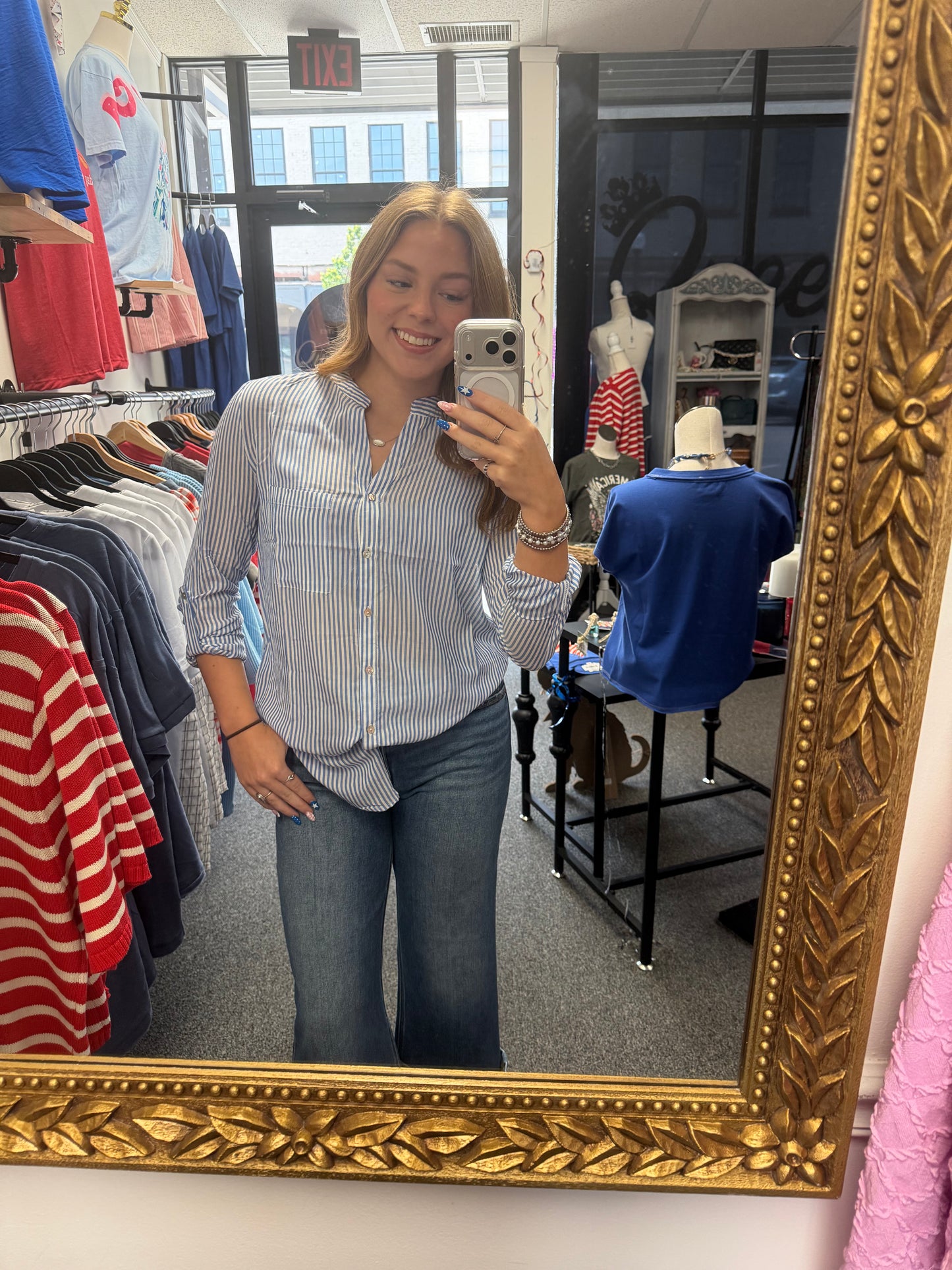 Lightweight Blue White Striped Top | Queen Bee Boutique