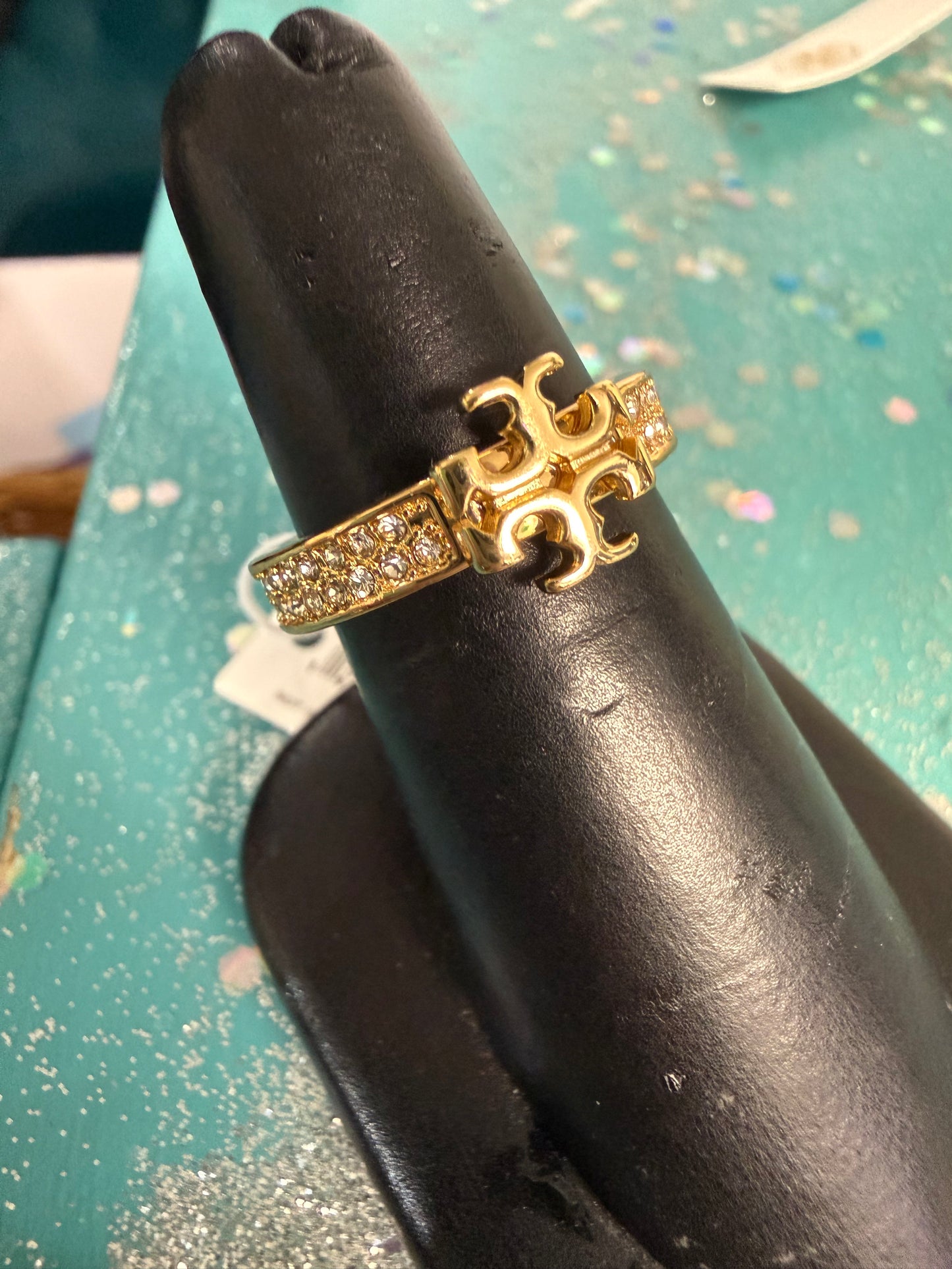 TB Gold Tone Crystal Ring Wide