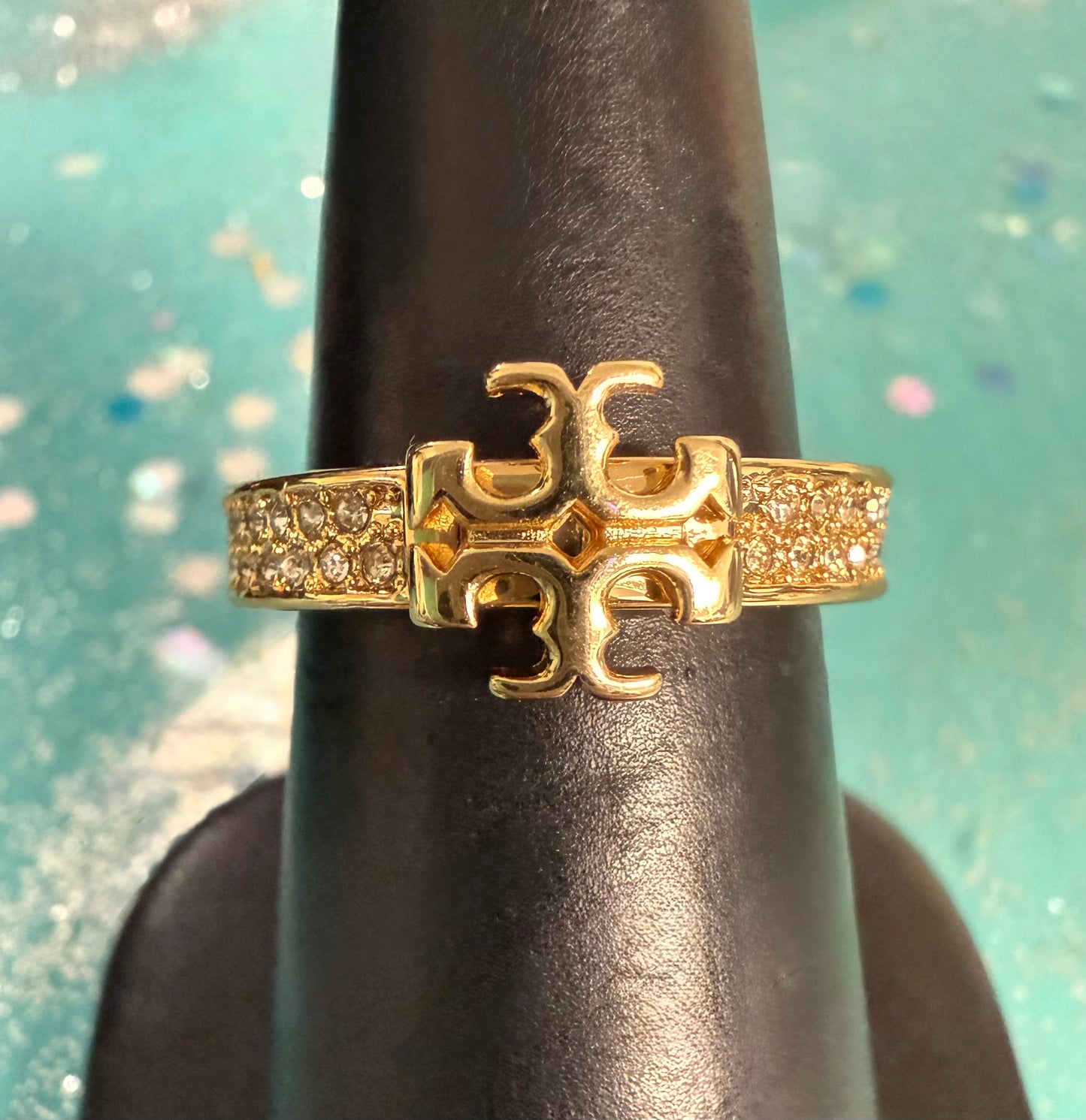 TB Gold Tone Crystal Ring Wide